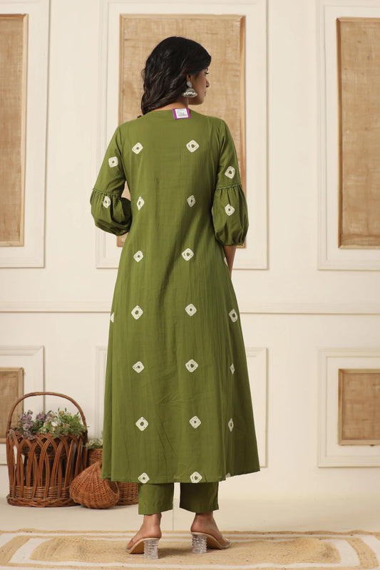 Green Embroidered Cotton Suit Set with Dupatta