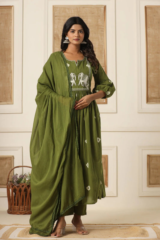 Green Embroidered Cotton Suit Set with Dupatta