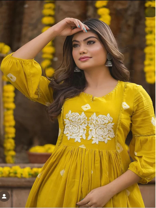 Mustard Yellow Embroidered Cotton Anarkali Kurta and Pant Set