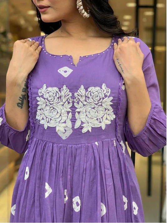 Purple Embroidered Cotton Anarkali Kurta and Pant Set