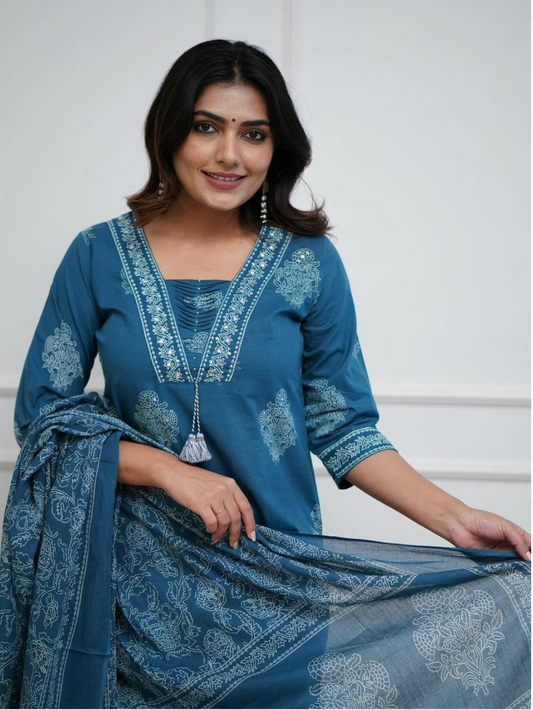 Dusk Blue Cotton Kurta And Pant Set With Mulmul Dupatta