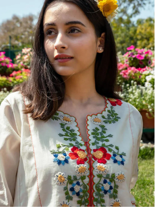 Off White Embroidered Cotton Kurta and Pant Set