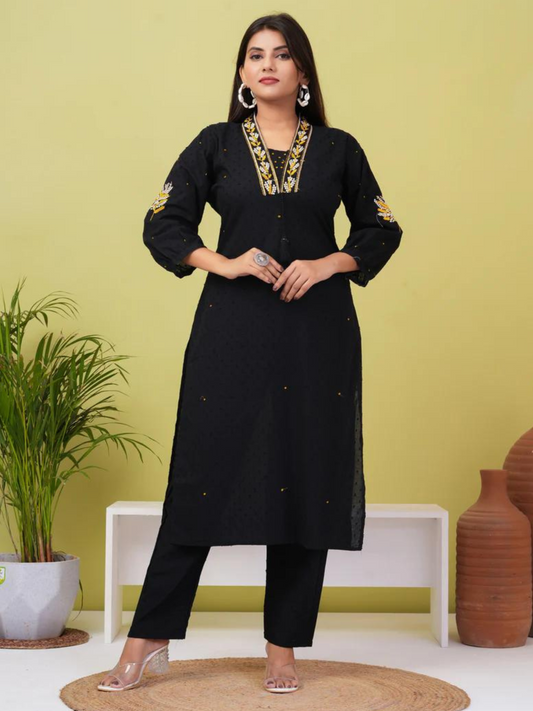 Black Embroidered Boota Cotton Kurta and Pant Set