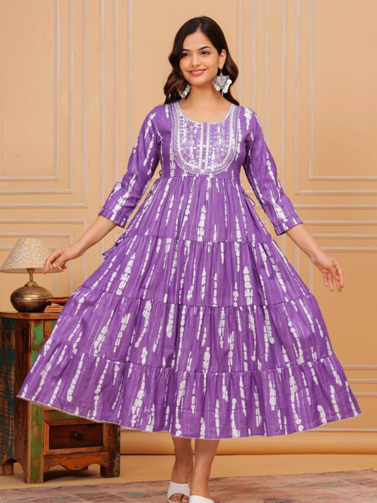 Dark Lilac Embroidered Cotton Lurex Anarkali Gown
