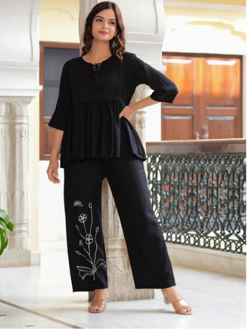 Black Embroidered Viscose Rayon Co-Ord Set