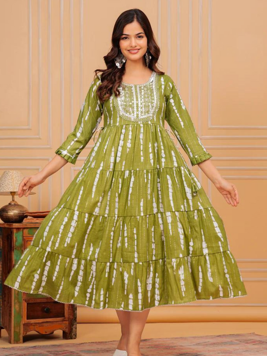 Trendy Green Embroidered Cotton Lurex Anarkali Gown
