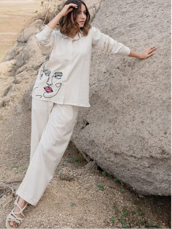 Off White Embroidered Cotton Flex Co-Ord Set