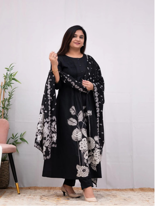 Black Printed Rayon Suit Set