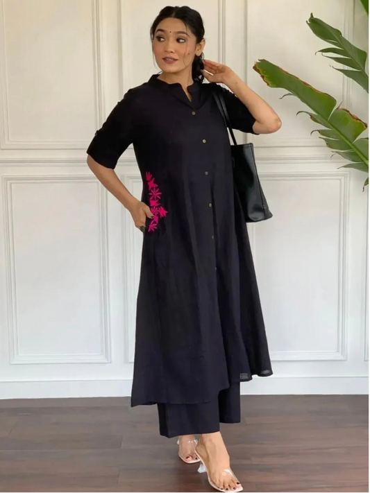 Black Embroidered Cotton Kurta and Palazzo Set