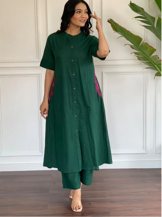 Dark Green Embroidered Cotton Kurta and Palazzo Set