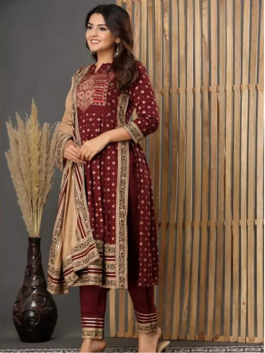 Maroon Handwork Embroidered Kurta And Pant Set With Dupatta