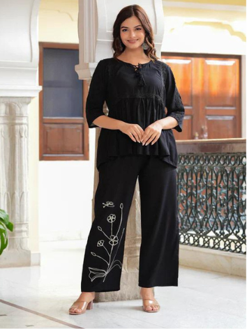 Black Embroidered Viscose Rayon Co-Ord Set