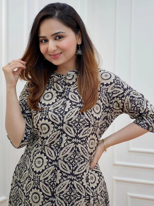 Ethnic Motifs Printed Black Grey Co Ord Set