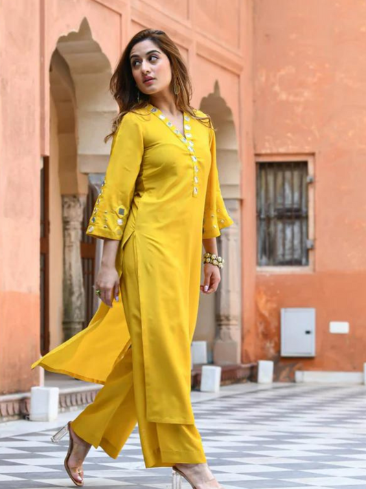 Mirror Work Yellow Cotton Kurta Palazzo Set