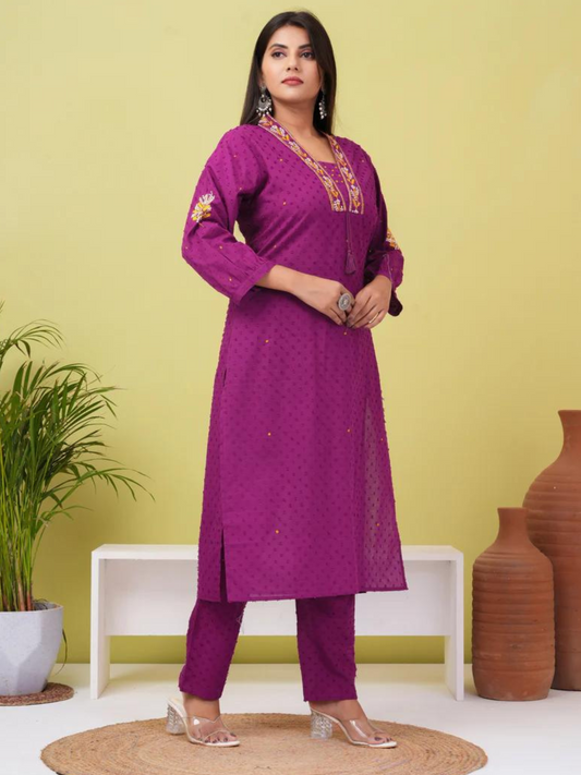 Dark Raspberry Embroidered Boota Cotton Kurta And Pant Set