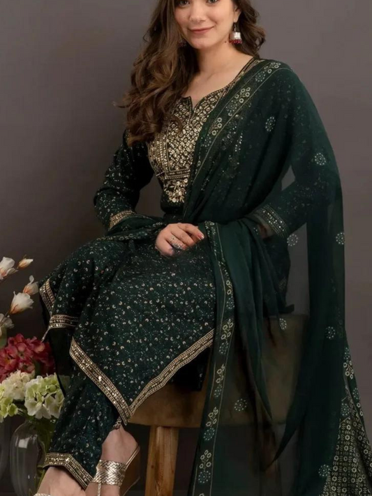 Sequence Embroidered Dark Green Kurta and Pant Set with Dupatta
