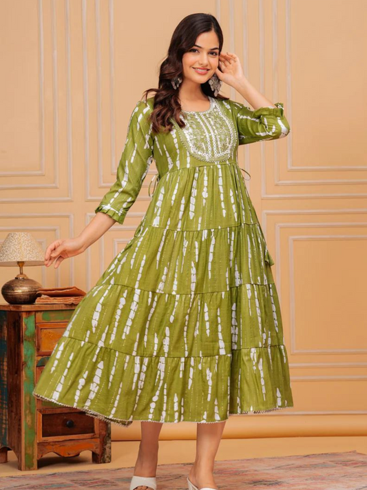 Trendy Green Embroidered Cotton Lurex Anarkali Gown