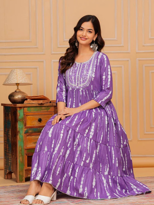 Dark Lilac Embroidered Cotton Lurex Anarkali Gown
