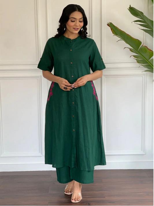 Dark Green Embroidered Cotton Kurta and Palazzo Set