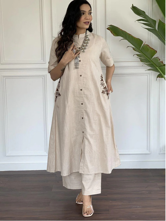 Foggy Grey Embroidered Cotton Kurta and Palazzo Set