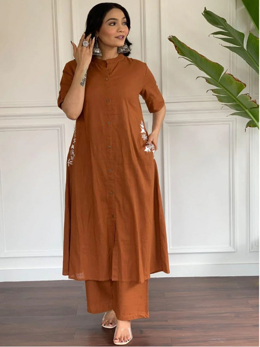 Brown Rust Embroidered Cotton Kurta and Palazzo Set