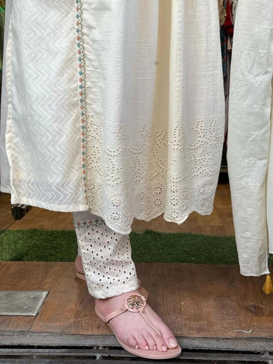 Embroidered Cotton Schiffli Kurta and Pant Set with Dupatta