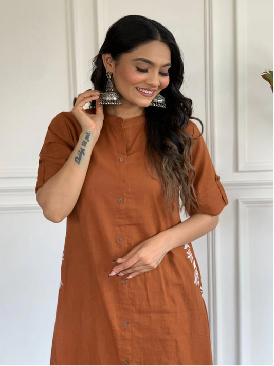Brown Rust Embroidered Cotton Kurta and Palazzo Set