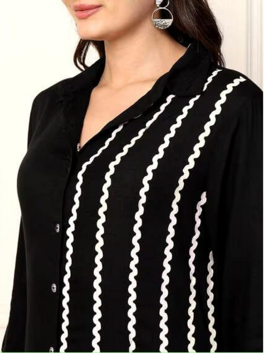 Black Embroidered Rayon A-line Midi Dress