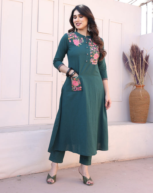 Rich teal green hue with vibrant floral embroidery...💚💃