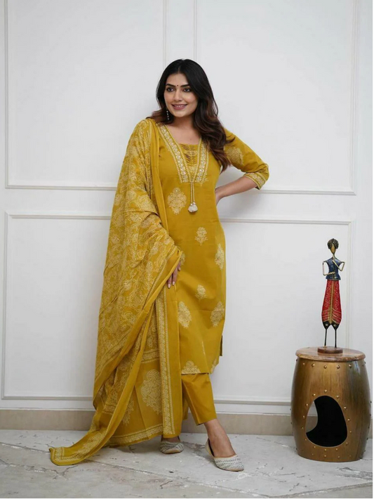 Dark Mustard Cotton Kurta And Pant Set With Mulmul Dupatta