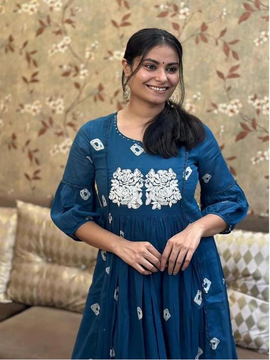 Dull Blue Embroidered Cotton Anarkali Kurta and Pant Set