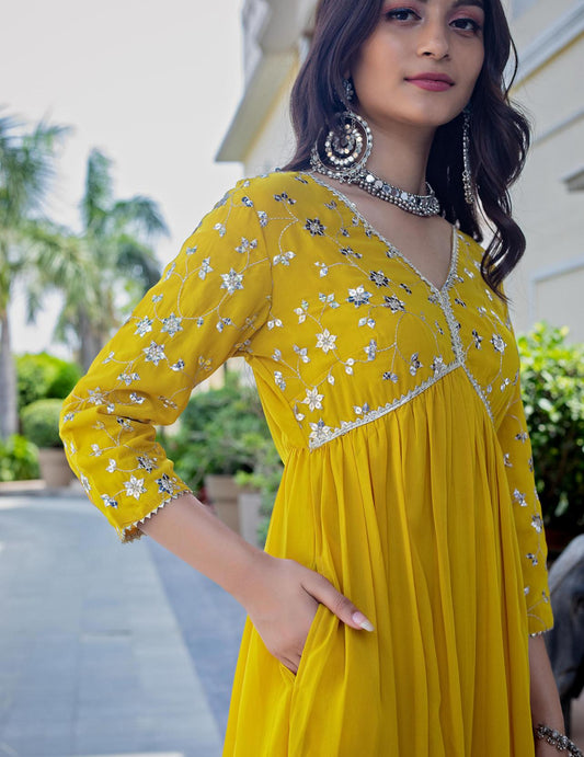 Yellow Sunshine Mirror Work Anarkali ✨