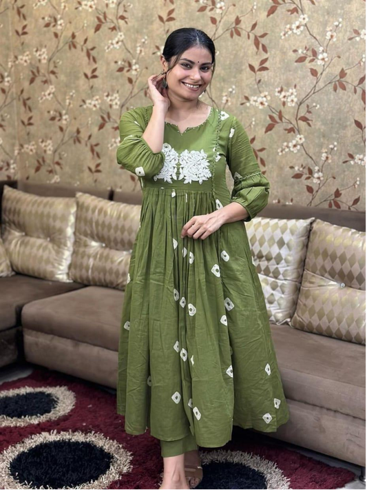 Green Embroidered Cotton Anarkali Kurta and Pant Set