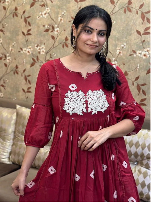 Maroon Embroidered Cotton Anarkali Kurta and Pant Set
