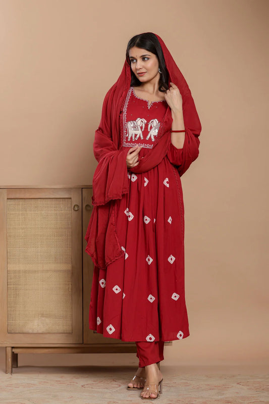 Red Embroidered Cotton Suit Set with Dupatta