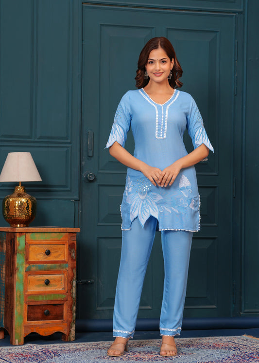 Cloudy Blue Embroidered Rayon Kurta and Pant Set