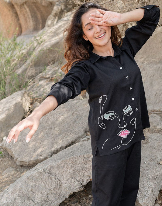 Black Embroidered Cotton Flex Co-Ord Set