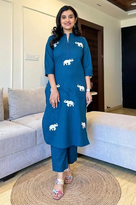 Stylish Blue Cotton Kurta Set with Playful Elephant Prints – Comfort Meets Creativity