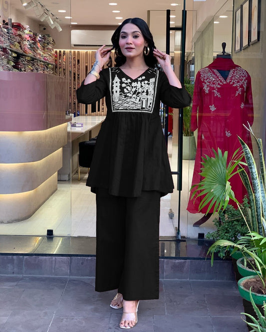 Black Embroidered Cotton Slub Kurta and Pant Set