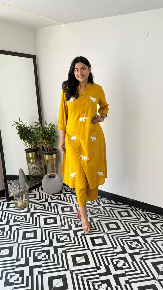 Mustard Yellow Cotton Kurta Set with White Elephant Motifs – Ethnic Elegance by Pushpanjali"