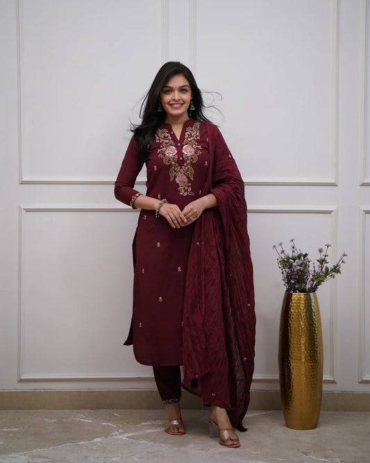 Maroon Embroidered Cotton Suit Set with Dupatta