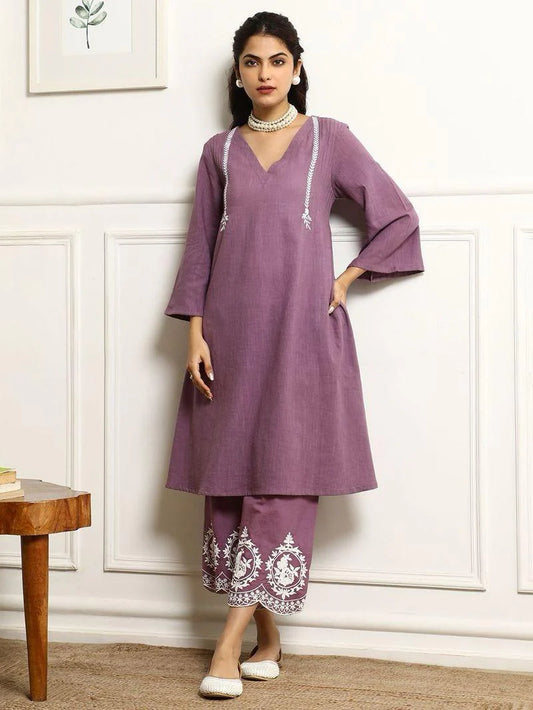 Light Mauve Embroidered Kurta and Pant Set with Dupatta