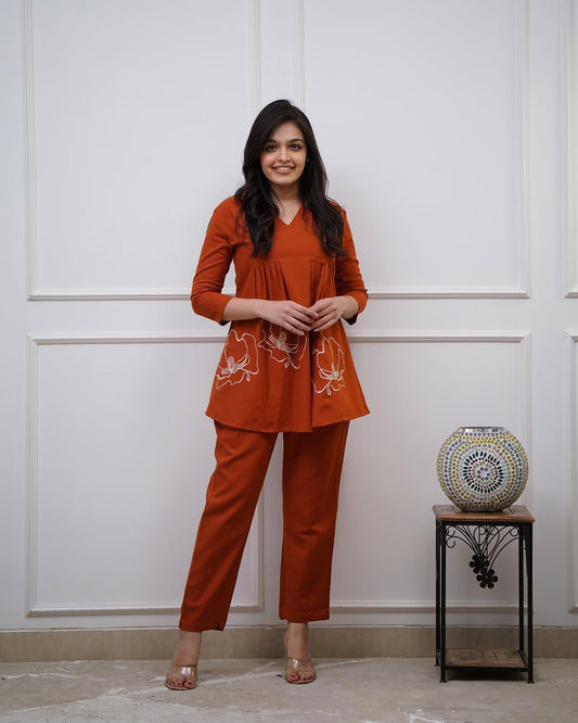 Rust Orange Floral Embrodery Pleated Kurta Set