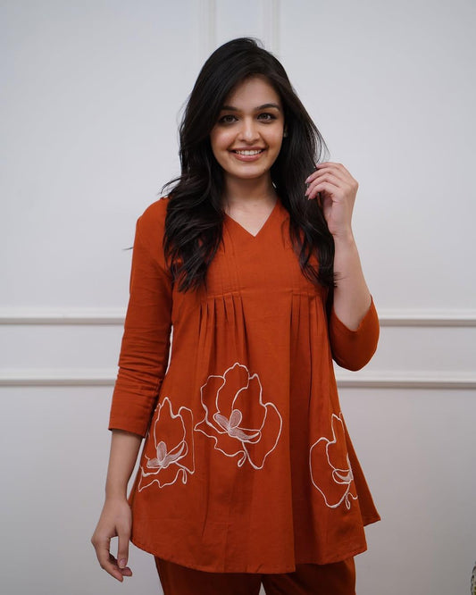 Rust Orange Floral Embrodery Pleated Kurta Set