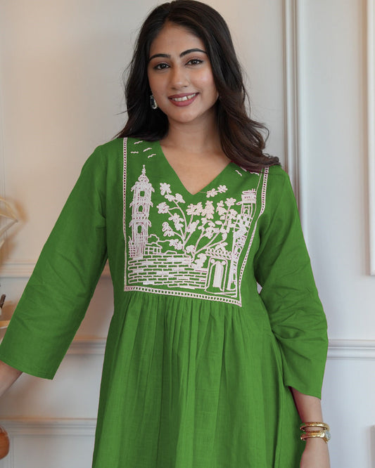 Reddish Green Embroidered Cotton Slub Kurta and Pant Set
