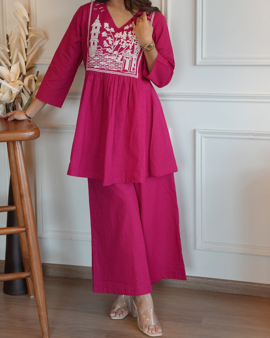 pink Orange Embroidered Cotton Slub Kurta and Pant Set