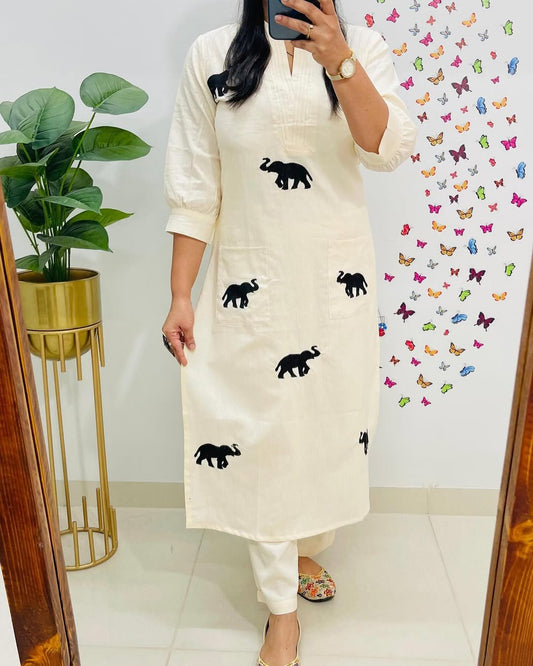 Elegant Off-White Cotton Kurta Set with Black Elephant Motifs – Classic Charm by Pushpanjali