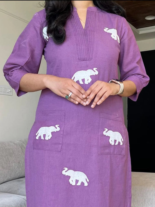 "Lavender Cotton Kurta Set with White Elephant Motifs – Subtle Sophistication by Pushpanjali"