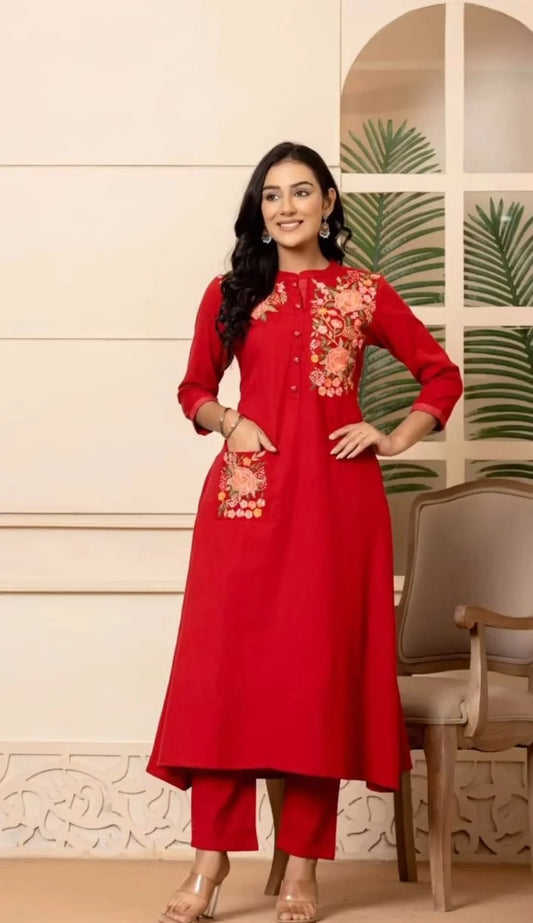 Embroidered Cotton A-line Kurti with Pant Set - Readymade