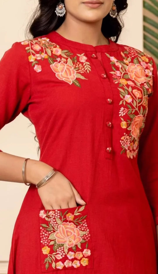 Embroidered Cotton A-line Kurti with Pant Set - Readymade